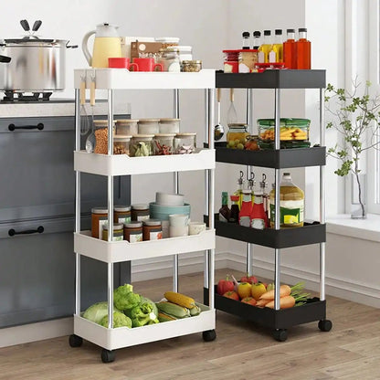 Rack de armazenamento móvel com 3/4 níveis para espaços estreitos, carrinho utilitário com rodinhas, prateleira organizadora fina para cozinha, banheiro e sala de estar
