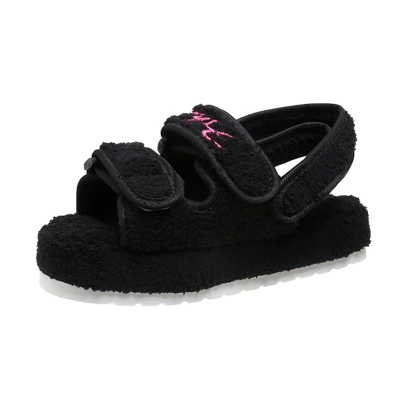 Fur Platform Sandals Women Summer Thick Flat Slides Sandals Girl Fashion Casual Beach Shoes Ladies Open-Toe Plus Size Shoes