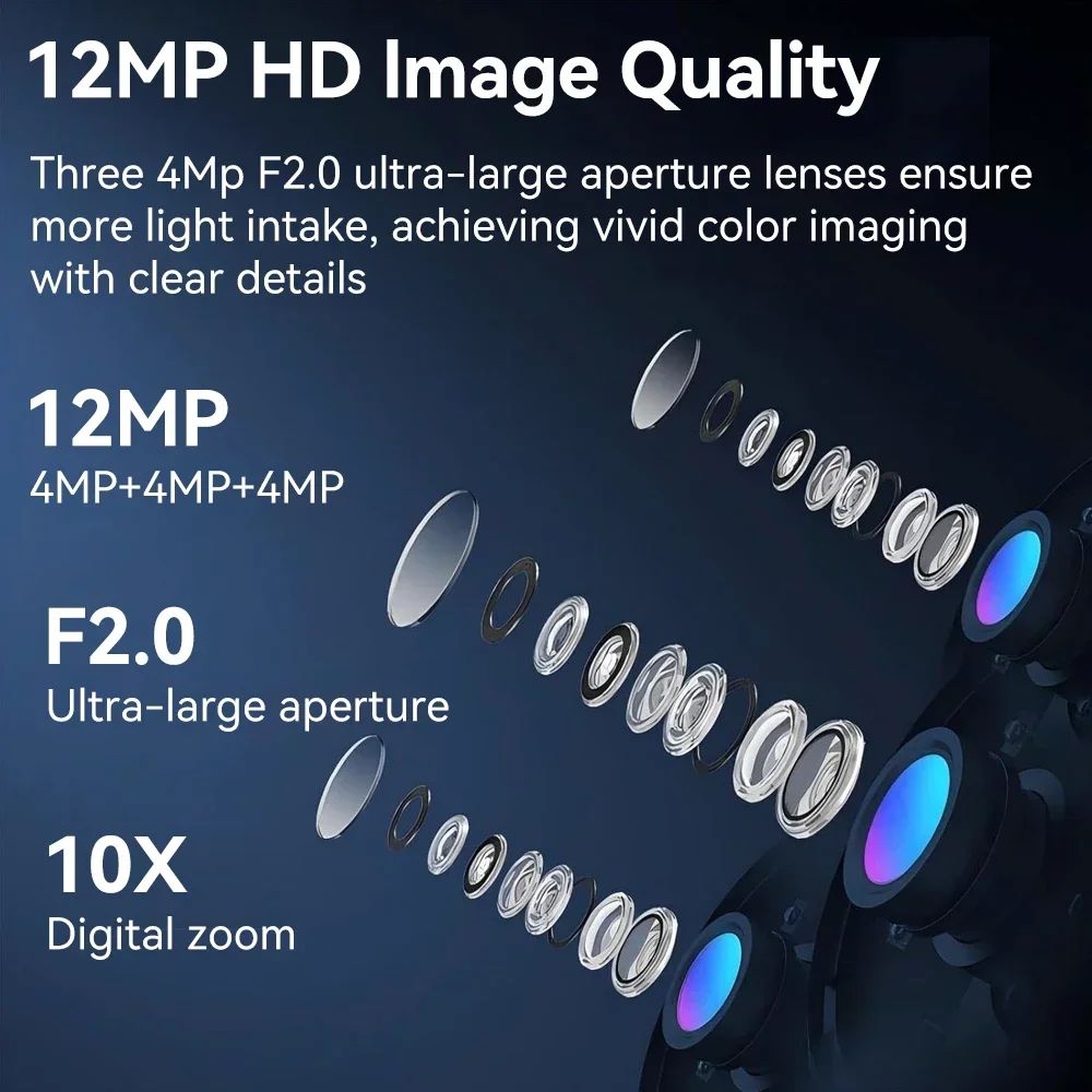 PEGATAH 6K 12MP Outdoor WiFi Camera Three Screen Three Lens 10X Zoom PTZ Automatic Tracking Audible Visual Alarm Security Cam