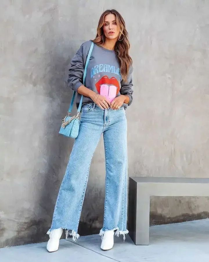 Women Denim Tassel Wide Leg Pants Jeans Washing Loose Fit Mid Waist Pockets Zipper Fly Solid Color Ankle Length Pants Basics