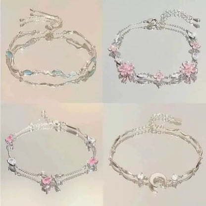 Pulseiras de Flor de Cerejeira de Cristal Rosa Brilhante Para Mulheres Meninas Doces Lua Laço Flores Zircônia Pulseira Festa Estética Joias Egirl