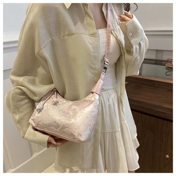 Sweet Embroidery Shoulder Bag Nylon Texture Pearl Pendant Crossbody Bag Small Bucket Handbag Women Canvas Luxury Cheongsam Bag