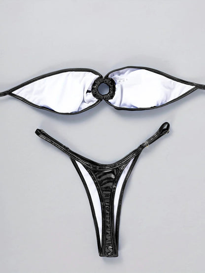 Sexy Bandeau Bikini 2025 Women Gold Black Metal Ring Linked Hollow Out Push Up Micro Swimsuit Shiny Bathing Suit Thong Swimwear