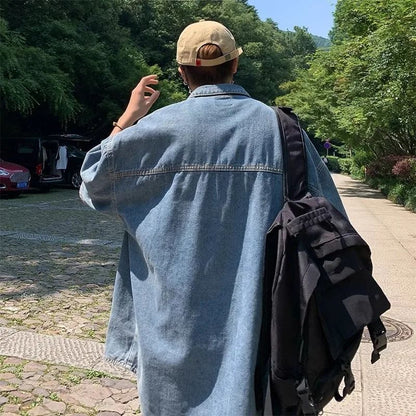 Retro Japanese Style Pocket Badge Denim Short Sleeve Casual Shirt Men's Loose Collar Jacket Trendy Summer Clothing