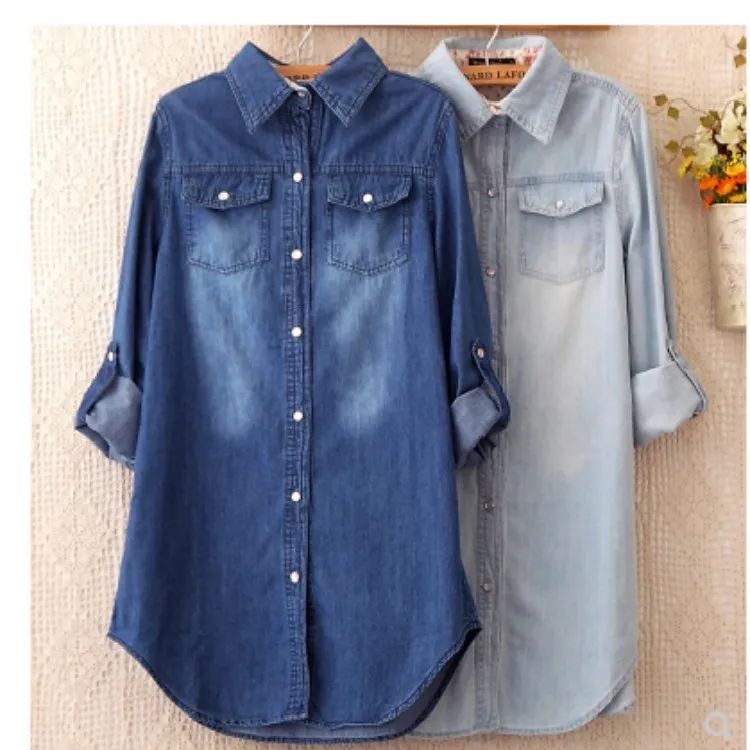 2025 Autumn Winter Medium-Length Slimming Denim Shirt Women's Long Sleeve Underwear Cotton Denim Jacket Plus Size