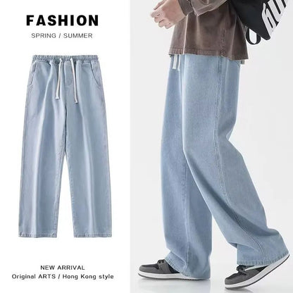 2025 New Streetwear Loose Jeans Men Korean Style Fashion Loose Straight Wide Leg Pants Men's Brand Clothing Black Light Blue