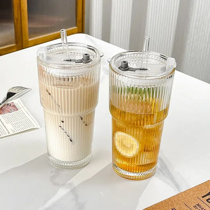 Copo de Café de Vidro Listrado 600ML com Tampa e Canudo Copos Transparentes para Suco Leite Chá Canecas de Café Gelado Utensílios para Beber