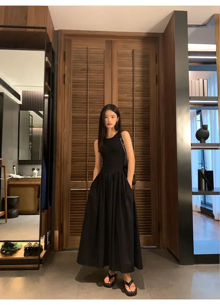 New Vintage Black Tank Top Midi Dress Wedding Dresses for Women Clothing O Neck