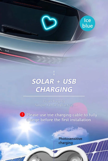 Luzes de Neon LED Solares para Janela de Carro - Luz de Atmosfera Interna em Formato de Coração RGB Sem Fio com Cores Mutáveis