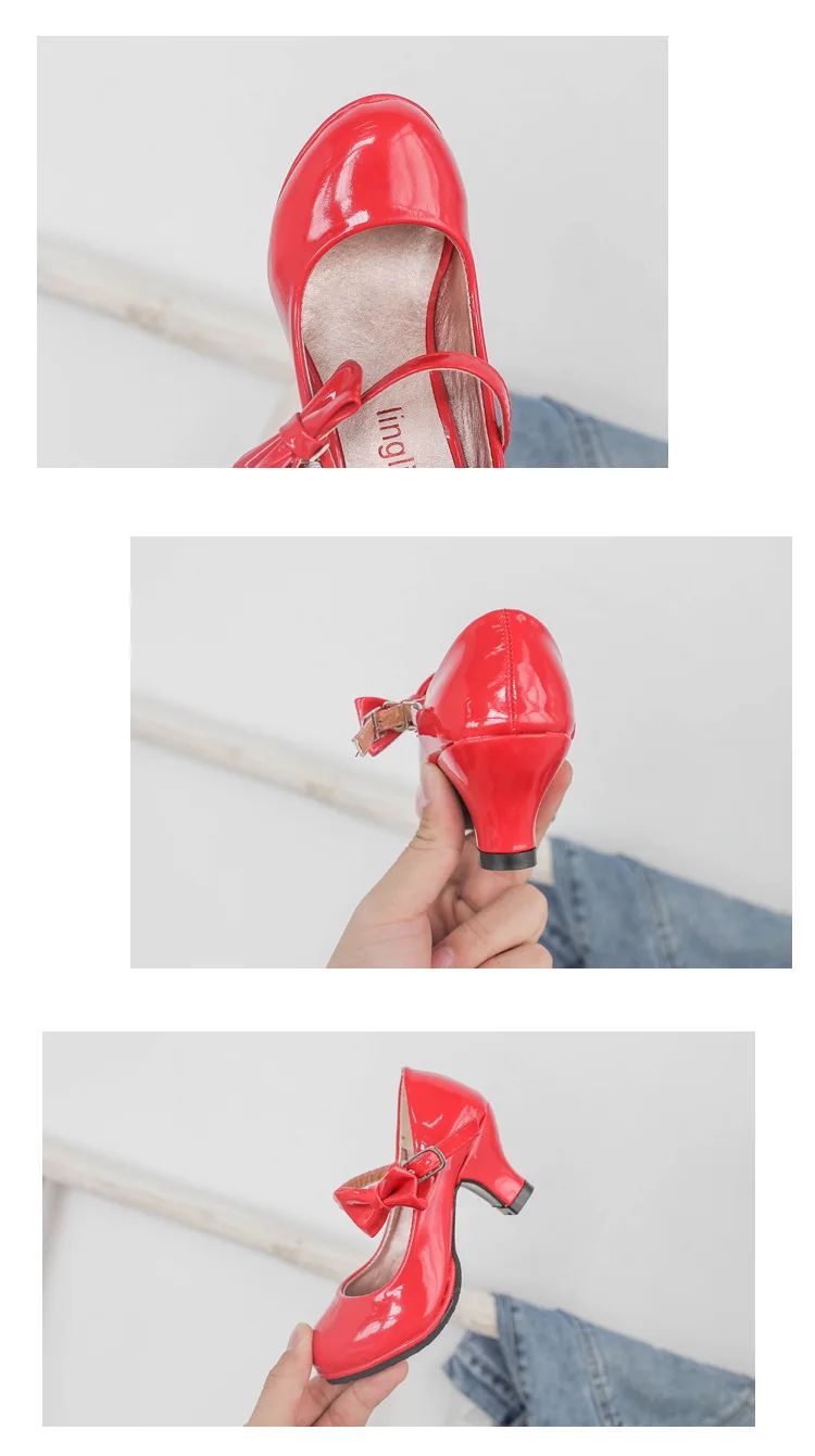 Fashion Girls High Heels Glossy Bowtie Kids Leather Shoe Spring Autumn Children Causal Princess Dress Shoes for Evening Party