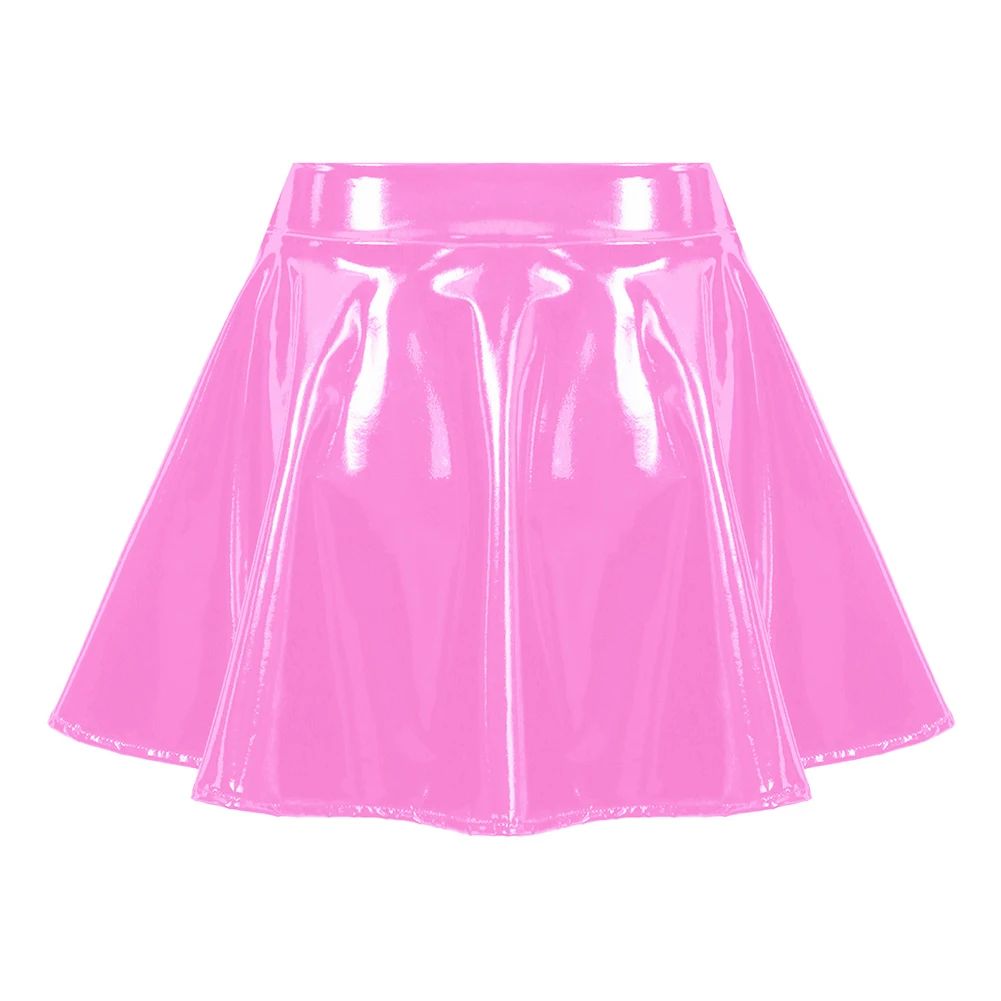 Women Glossy Patent Leather Flared Miniskirt Dance A Line Skirt Clubwear Cosplay Costume Retro Style Elastic Waistband