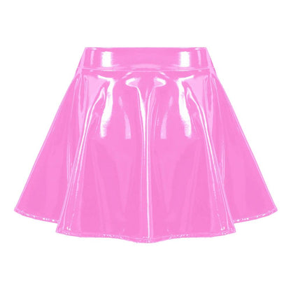 Women Glossy Patent Leather Flared Miniskirt Dance A Line Skirt Clubwear Cosplay Costume Retro Style Elastic Waistband