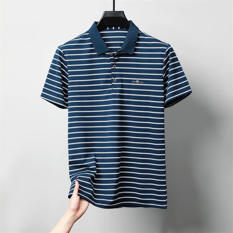 Men's Casual and Fashionable Striped Short Sleeved Polo Shirt Summer Comfortable Sweat Absorbing Breathable and Versatile Top