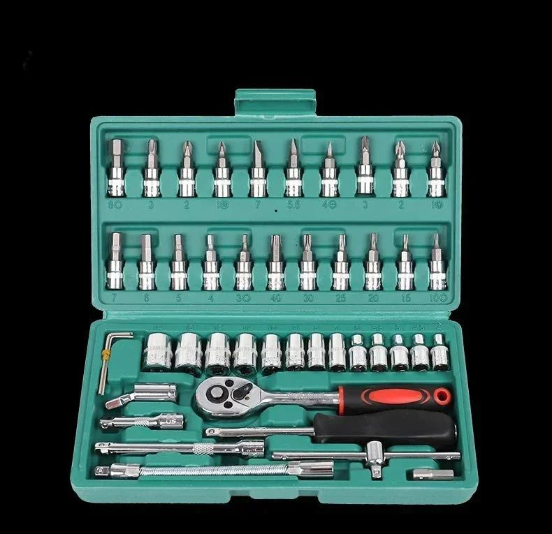 Conjunto de 46 Ferramentas para Reparação Automotiva com Chave Catraca, Chave de Boca, Chave de Fenda e Kit Profissional para Trabalhos em Metal