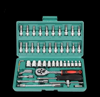Conjunto de 46 Ferramentas para Reparação Automotiva com Chave Catraca, Chave de Boca, Chave de Fenda e Kit Profissional para Trabalhos em Metal