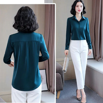 Women Silk Office Shirt 2025 Fashion Long Sleeve Casual Female Tops Elegant Ladies Vintage White Satin Blouses Shirts Oversized