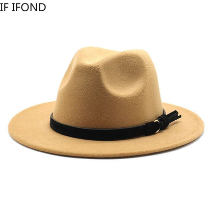 Gangster Trilby Felt Fedora Hat European American Wide Brim Top Jazz Caps Women Men Wool White Wedding Hat 56-58-61CM