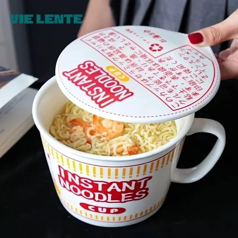 1pc Large Capacity Ceramic Instant Noodle Bowl with Cover?Perfect for Dorms and Home Kitchens - Keep Your Noodles Fresh and Warm