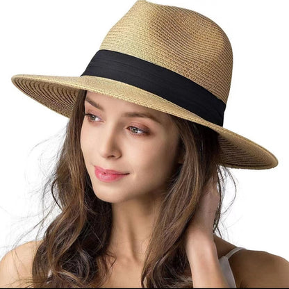 Large Size 56-58 59-60cm New Natural Panama Straw Hat Summer Men Women Wide Brim Beach UV Protection Fedora Sun Hat Wholesale