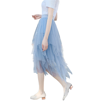 New Fairycore Lady ´s Fashionable Sexy Solid Color Mesh Skirt, Irregular Elastic Tulle Bubble Skirt, Daily Life and Vacation