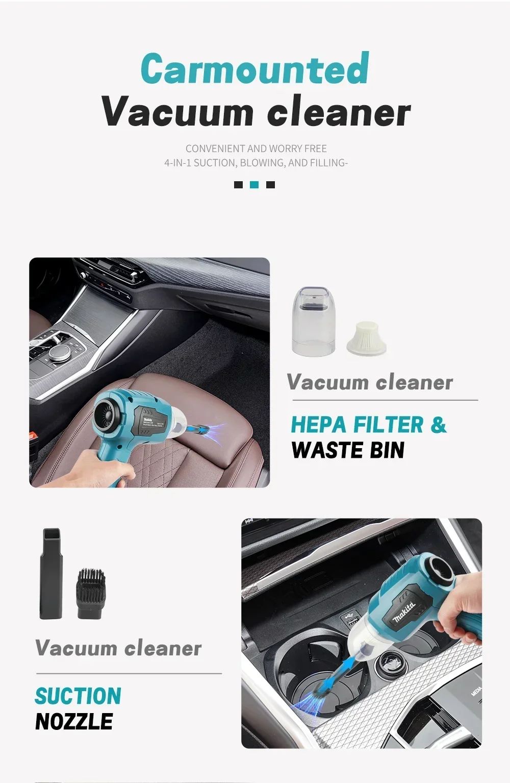 Aspirador de Pó Sem Fio Makita 18V: 200W, 10000Pa, Capacidade de 180ML, 7 Bicos, Para Tarefas Eficientes de Limpeza de Carros e Ambientes de Trabalho