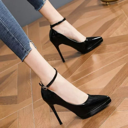 Sapatos femininos com salto agulha super alto de 11cm, corrente de pérolas, tira no tornozelo, bico fino, tamanho grande, sapatos de escritório de couro