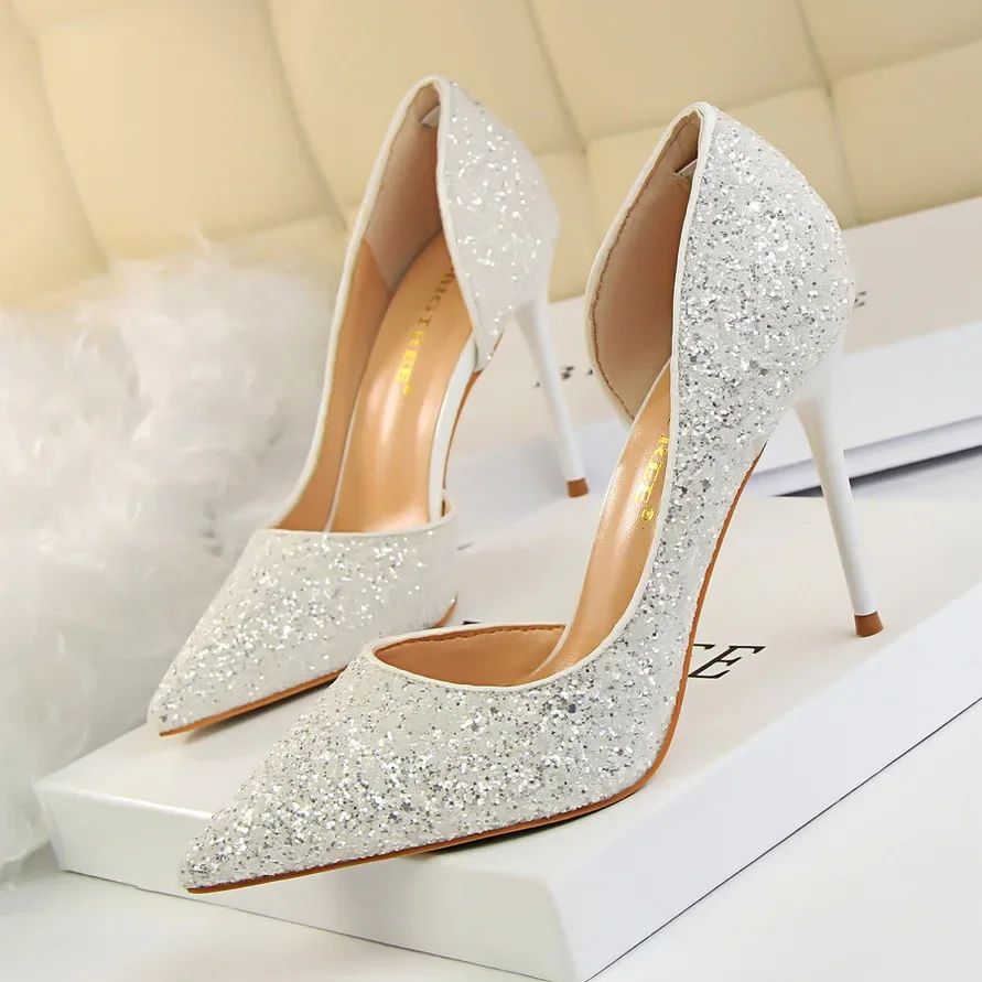 Plus Size 34-43 Women 9.5cm High Heels Stripper  Bling Glod Red Silver Scarpins Pumps Lady Stiletto Wedding Bridal Fetish Shoes