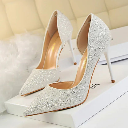 Plus Size 34-43 Women 9.5cm High Heels Stripper  Bling Glod Red Silver Scarpins Pumps Lady Stiletto Wedding Bridal Fetish Shoes