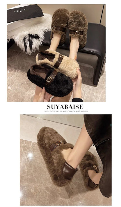 Women Warm Fur Flats Shoes 2025 Autumn Winter Vintage Fashion Shallow Mouth Buckle Ladies Comfort Loafers Shoes Zapatos Mujer