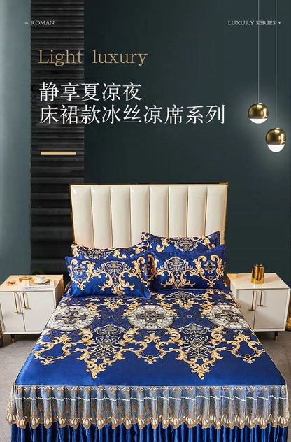 Kit 3 Peças de Lençol de Casal com Renda Clássica Azul Royal, Saia para Cama, Colcha de Casamento Lavável à Máquina, Capa de Colchão