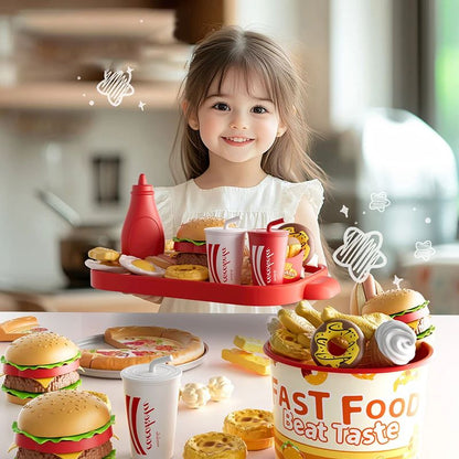 Conjunto de Brinquedos de Cozinha Infantil Simulação de Hambúrguer Pizza Batata Frita Brinquedo de Faz de Conta Comida Cozinha Jogo de Cortar Brinquedo Interativo Montessori Presente