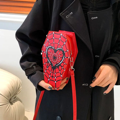 Women Fashion Shoulder Bag Large Capacity Coffin Shaped Casual Satchel Bag Adjustable Strap Spider Web PU Leather Chic Hobo Bag