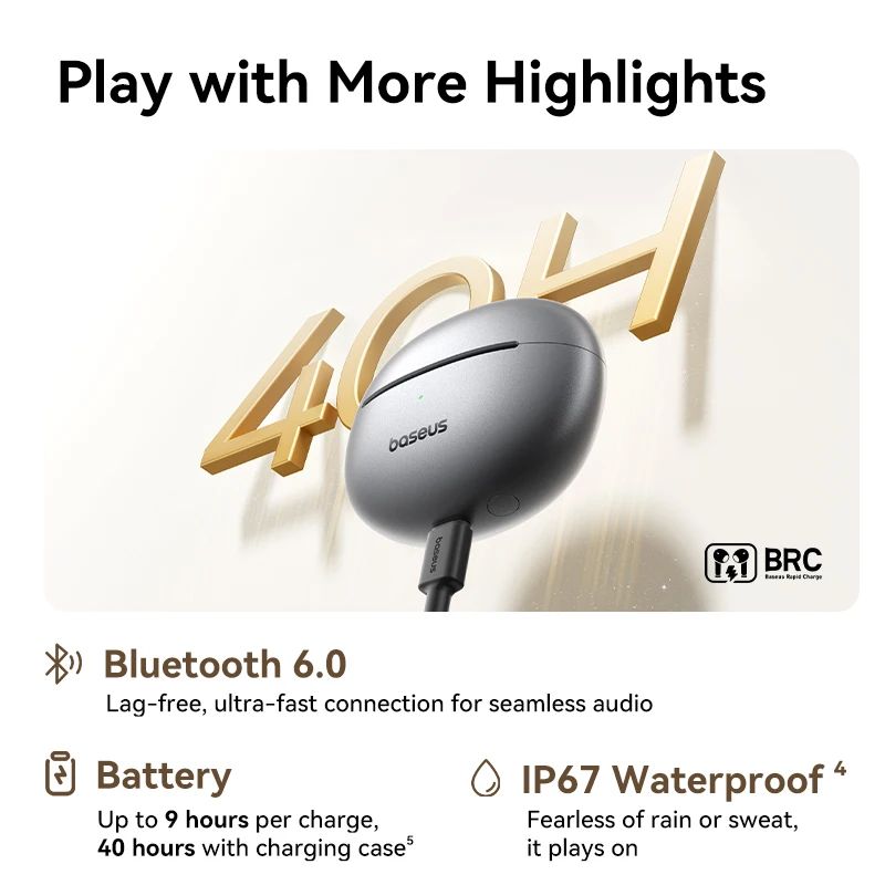 Fones de ouvido sem fio Baseus MC1 Pro Ear Clip Bluetooth 6.0 Hi-Res Ultra Open Earbuds Tipo brinco 4 microfones ENC fones de ouvido com clipe