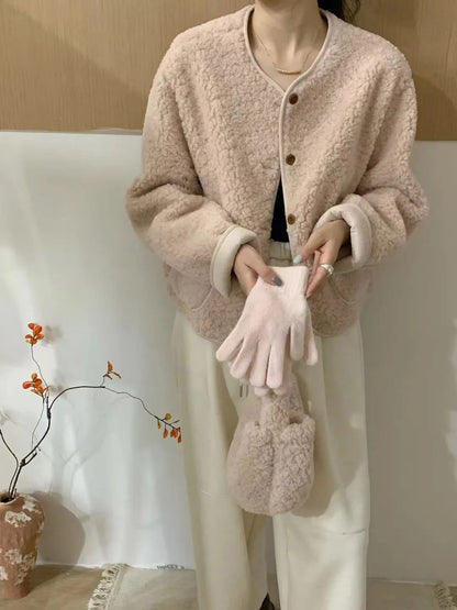 Korean Chic round Neck Single Button Loose Lamb Fur Jacket Winter Elegant Fashion Small Size with Bag Matching Women's Coat