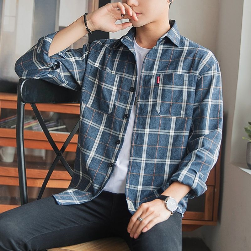 Long Sleeve Men's Shirt and Blouse Cargo Clothes with Pocket Plaid Male Top Luxury Button Aesthetic Sleeves Fashion 2025 Vintage