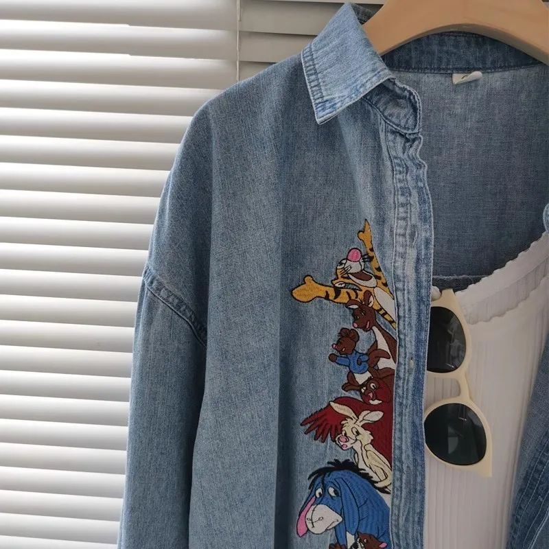 Plus Size 300 Pounds Fat MM Cartoon Embroidery Washed Denim Polo Collar Loose Meat Covering Women's Shirt Autumn Outerwear