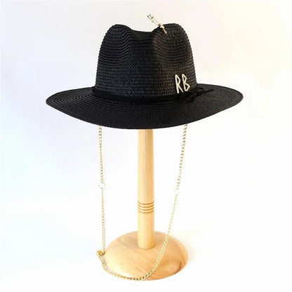 Fashionable Metal RB Letter Straw Hats for Women Men Summer Outdoor Holidays Beach Sun Hat Straw Hats for Women Fashion Panama