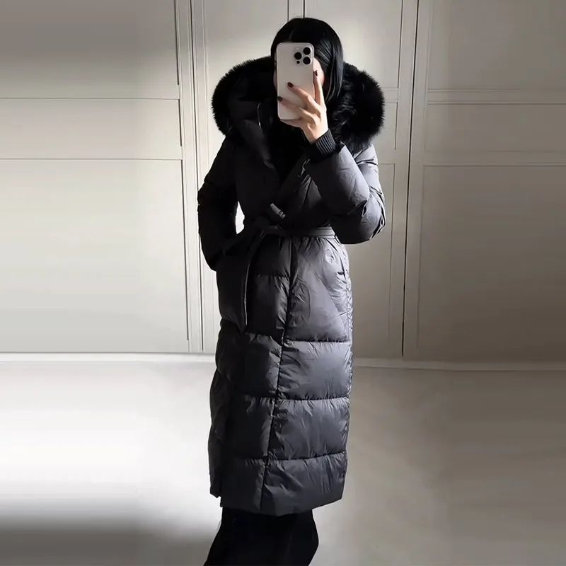 Casual Lace Up Women's Thicken Cotton Jacket Hooded Faux Fur Collar Zipper Long Coats Lady 2025 Winter Chic Female Street Coat