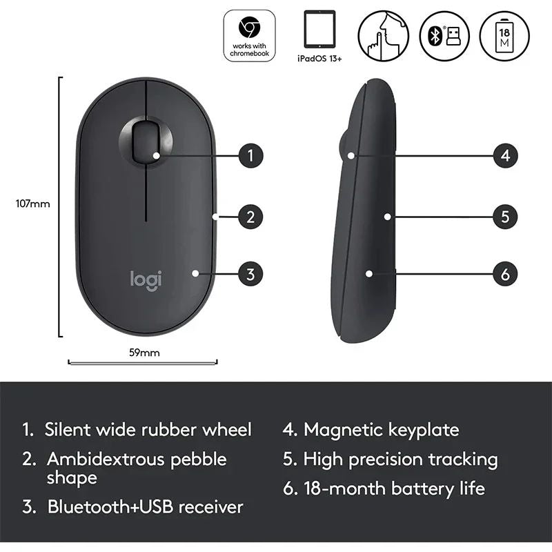 Mouse sem fio Bluetooth para notebook e tablet Logitech PEBBLE M350 Mouse leve e fino Mute Mini mouse de escritório