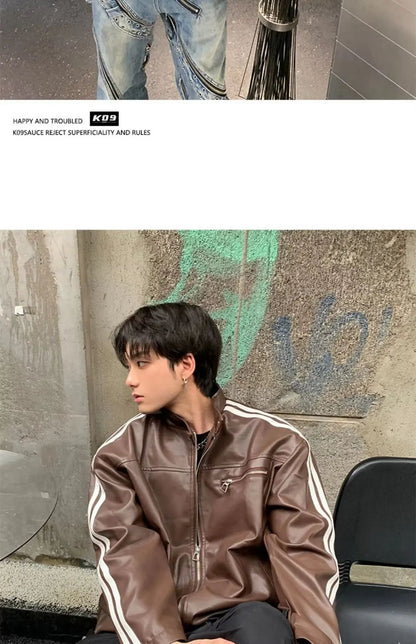 Retro Leather Jacket Men Women  American Patchwork Strip Racing Outerwear Loose Hip Hop Zippers Brown PU Coat Streetwear Spring