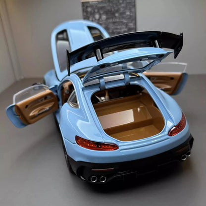 Grande 1:18 Mercedes Benz GTR Miniatura de Carro de Liga Leve Coleção Simulação Diecast Som e Luz Veículo Brinquedos Carro Para Presentes Infantis