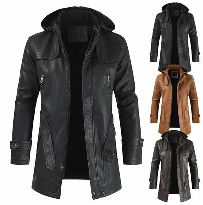Winter Men's Leather Motorcycle Leather Korean Fashion Jacket Coat Windproof Clothes Men's Hooded Medium Long Windbreaker Coats