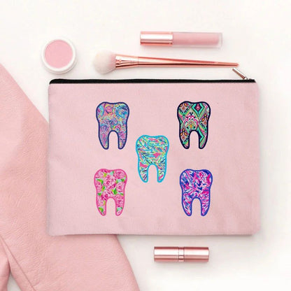 2024 Cute Teeth Cartoon White Zipper Makeup Bag Dental Clinic Storage Bag Women's Single Party Minimalist Decorative Handbag