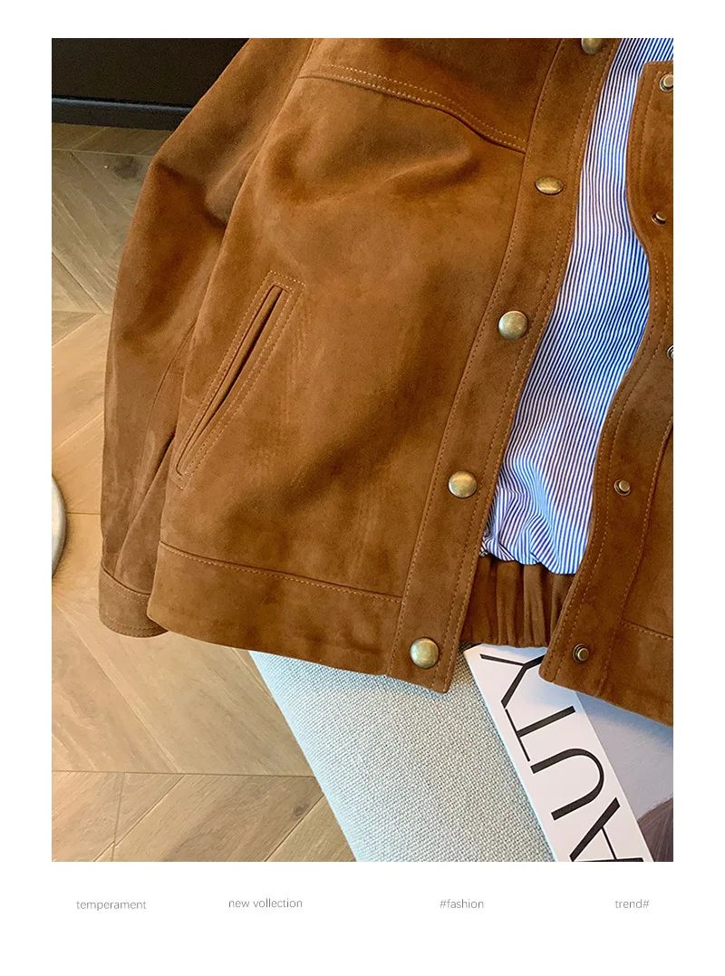 Retro Brown Suede Short Jacket Women's Spring Autumn Casual Loose Design Sense Meral Jacket Top round Neck Full Sleeve
