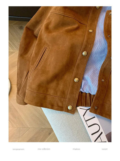Retro Brown Suede Short Jacket Women's Spring Autumn Casual Loose Design Sense Meral Jacket Top round Neck Full Sleeve