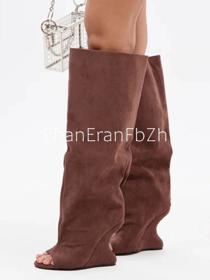 2025Spring and Autumn Fashion New Thick High Heels Women's Knee Length Wide Tube Version Fish Mouth Boots Middle Top Boots