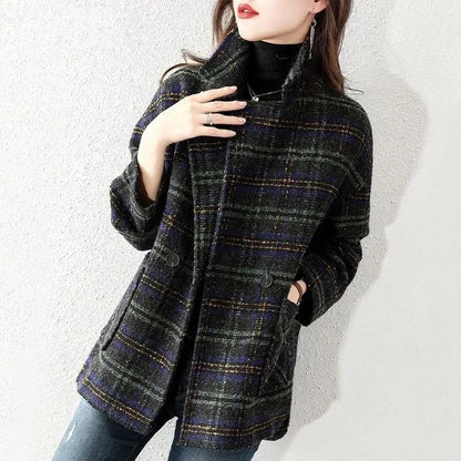 2024 New Style Women's Plaid Suit Woolen Jacket Loose Fit Vintage Checked Woolen Coat Medium Length Korean Version