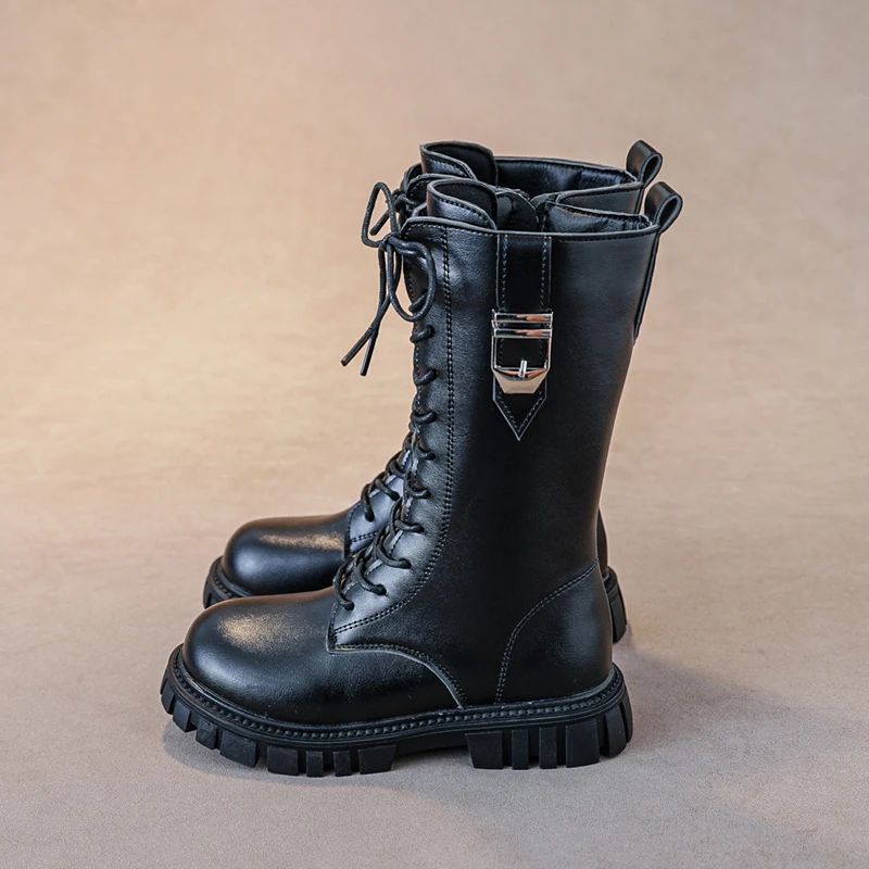 Elegant Zipper Baby Girl Casual Fashion Boots Autumn/winter Round Toe Warm Thick Sole Lace Comfortable Children's Midsole Boots