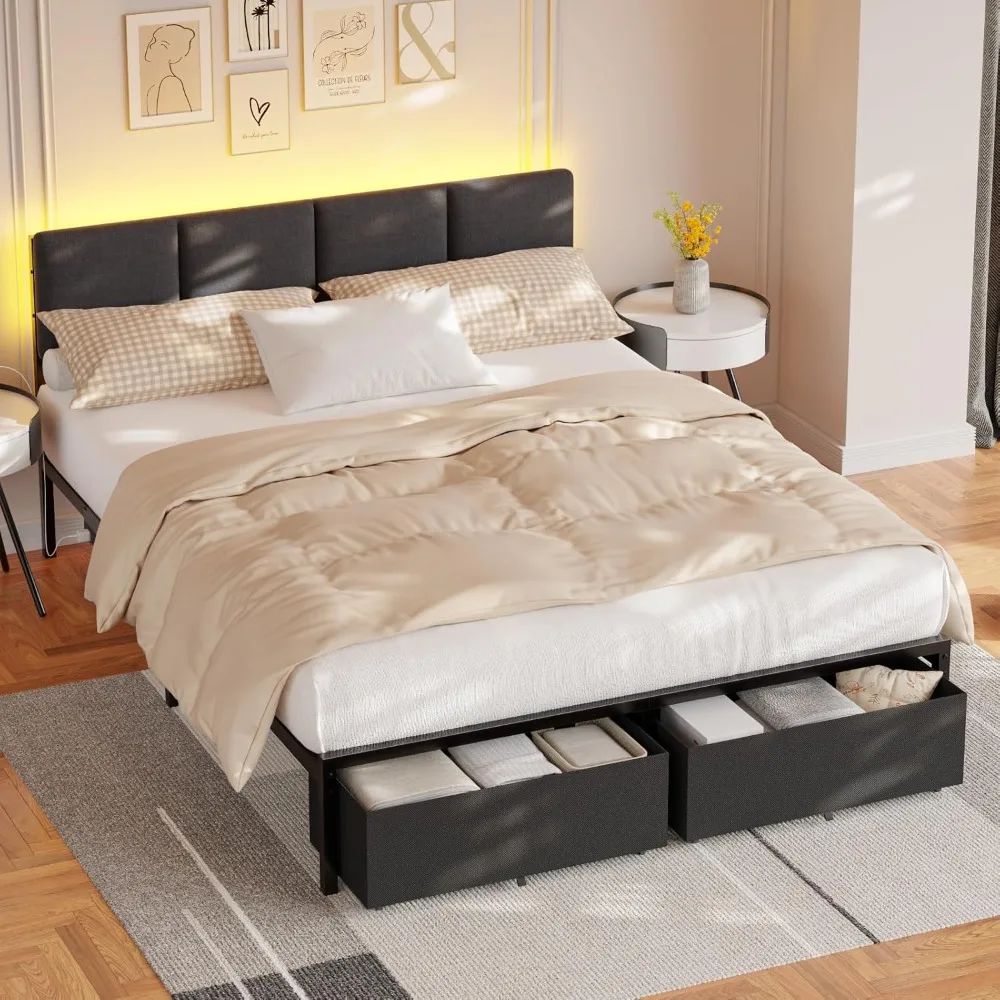 Queen Bed Frame with Headboard And Storage Drawer Upholstered Platform Bed Frame Queen Size with Charging Feature