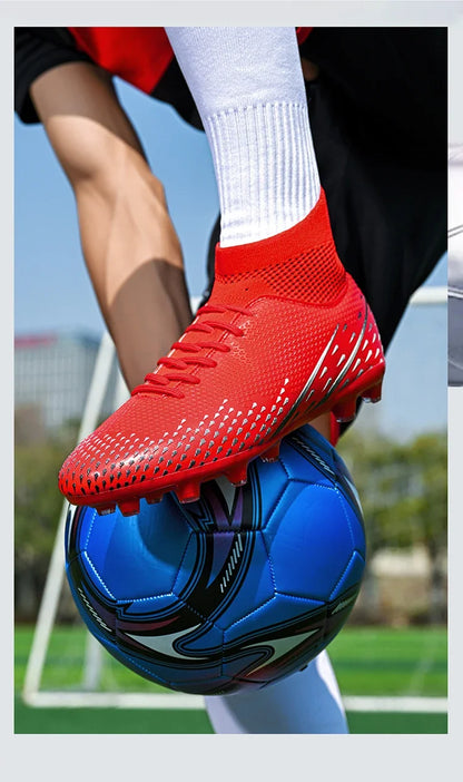 Red Male Football Boots Outdoor Training Football Field Cleats Man Lace-Up Anti-Slip Men’s Soccer Shoes Society botas de futbol
